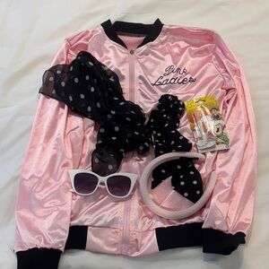 Pink Ladies Satin Jacket with Accessories Halloween Womens